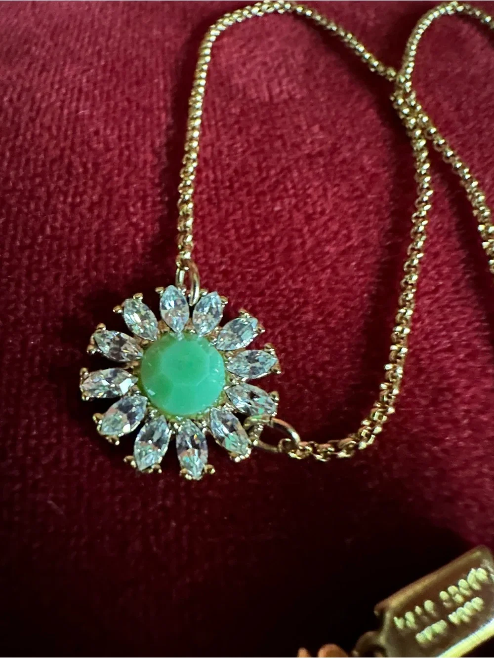Vintage KateSpade NY Gold Tone small Necklace with Green Gem Floral Pendant